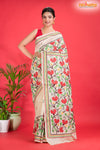 Tussar Kantha Stitch With Red White Hand Paint Big Flower Motif
