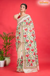 Tussar Kantha Stitch With Red White Hand Paint Big Flower Motif