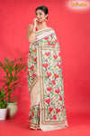 Tussar Kantha Stitch With Red White Hand Paint Big Flower Motif