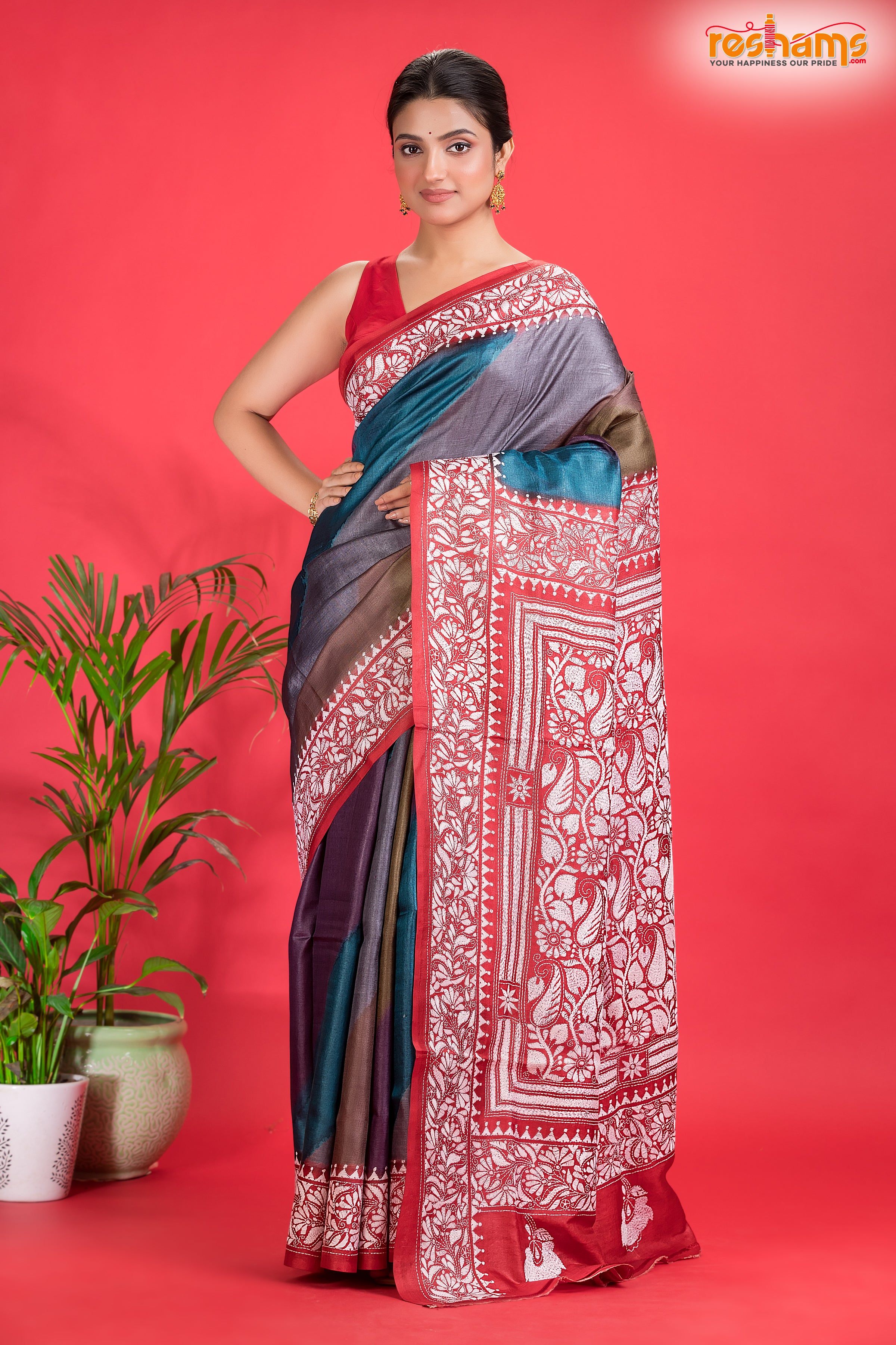 Tussar Kantha Stitch With Red Multicolor Hand Paint Big Flower Motif