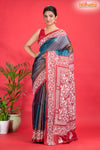 Tussar Kantha Stitch With Red Multicolor Hand Paint Big Flower Motif