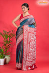 Tussar Kantha Stitch With Red Multicolor Hand Paint Big Flower Motif
