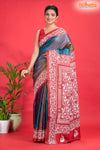 Tussar Kantha Stitch With Red Multicolor Hand Paint Big Flower Motif