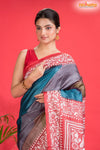 Tussar Kantha Stitch With Red Multicolor Hand Paint Big Flower Motif