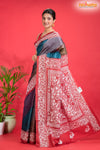 Tussar Kantha Stitch With Red Multicolor Hand Paint Big Flower Motif