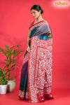 Tussar Kantha Stitch With Red Multicolor Hand Paint Big Flower Motif