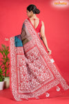 Tussar Kantha Stitch With Red Multicolor Hand Paint Big Flower Motif