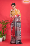 Tussar Kantha Stitch With Red Yellow Hand Paint Big Flower Motif