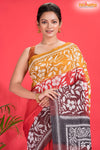 Tussar Kantha Stitch With Red Yellow Hand Paint Big Flower Motif