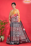 Tussar Kantha Stitch With Red Yellow Hand Paint Big Flower Motif