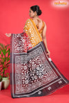 Tussar Kantha Stitch With Red Yellow Hand Paint Big Flower Motif