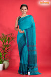 Pondicherry Khadi Cotton, Handloom Saree with Traditional Design in Sky Blue