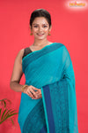 Pondicherry Khadi Cotton, Handloom Saree with Traditional Design in Sky Blue