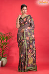 Tussar Kantha Stitch With Brown Hand Paint Big Flower Motif