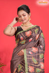 Tussar Kantha Stitch With Brown Hand Paint Big Flower Motif
