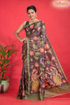 Tussar Kantha Stitch With Brown Hand Paint Big Flower Motif
