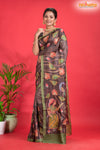 Tussar Kantha Stitch With Brown Hand Paint Big Flower Motif