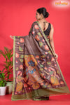 Tussar Kantha Stitch With Brown Hand Paint Big Flower Motif