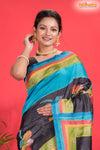 Tussar Kantha Stitch with black sky hand paint big leaf motif