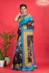 Tussar Kantha Stitch with black sky hand paint big leaf motif