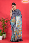 Tussar Kantha Stitch With Grey Hand Paint Big Flower Motif