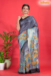 Tussar Kantha Stitch With Grey Hand Paint Big Flower Motif
