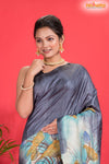 Tussar Kantha Stitch With Grey Hand Paint Big Flower Motif