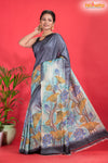 Tussar Kantha Stitch With Grey Hand Paint Big Flower Motif