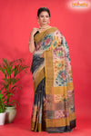 Tussar Kantha Stitch With Golden Black Hand Paint Big Flower Motif
