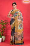 Tussar Kantha Stitch With Golden Black Hand Paint Big Flower Motif