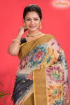 Tussar Kantha Stitch With Golden Black Hand Paint Big Flower Motif