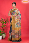 Tussar Kantha Stitch With Golden Black Hand Paint Big Flower Motif