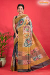 Tussar Kantha Stitch With Golden Black Hand Paint Big Flower Motif