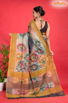 Tussar Kantha Stitch With Golden Black Hand Paint Big Flower Motif