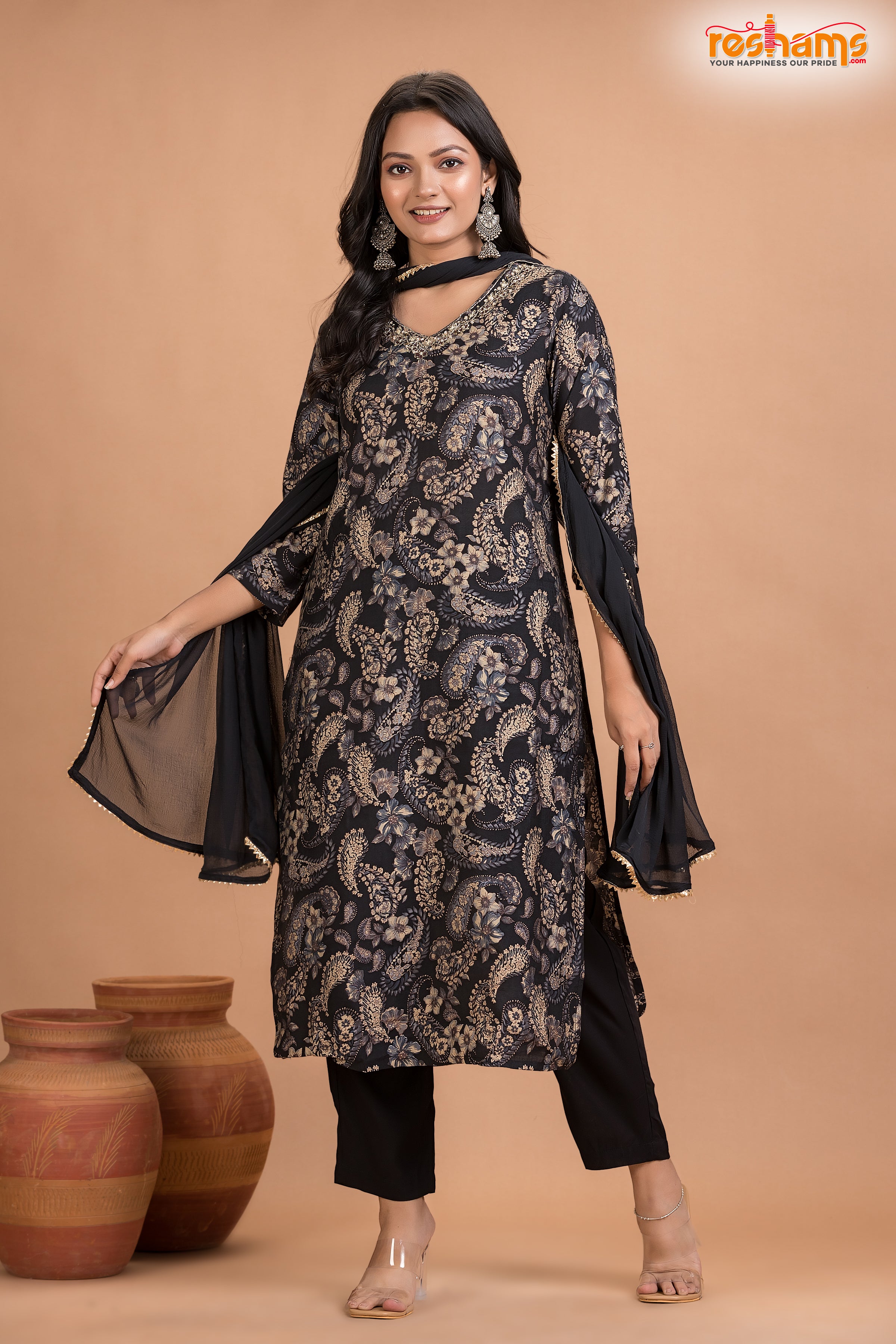BLACK FLORAL SHIMMER SILK KURTI
