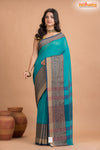 Pondicherry Khadi Cotton, Handloom Saree with Traditional Design in Green Blue
