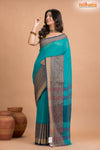 Pondicherry Khadi Cotton, Handloom Saree with Traditional Design in Green Blue