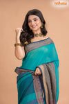Pondicherry Khadi Cotton, Handloom Saree with Traditional Design in Green Blue