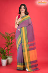 Pondicherry Khadi Cotton, Handloom Saree with Traditional Design in Purple  Yellow