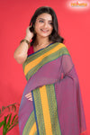 Pondicherry Khadi Cotton, Handloom Saree with Traditional Design in Purple  Yellow