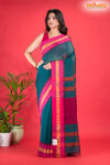 Pondicherry Khadi Cotton, Handloom Saree with Traditional Design in Green Pink