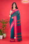 Pondicherry Khadi Cotton, Handloom Saree with Traditional Design in Green Pink