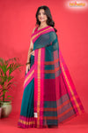 Pondicherry Khadi Cotton, Handloom Saree with Traditional Design in Green Pink