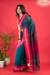 Pondicherry Khadi Cotton, Handloom Saree with Traditional Design in Green Pink