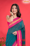 Pondicherry Khadi Cotton, Handloom Saree with Traditional Design in Green Pink