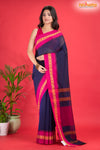 Pondicherry Khadi Cotton, Handloom Saree with Traditional Design in Blue Pink