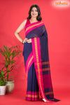 Pondicherry Khadi Cotton, Handloom Saree with Traditional Design in Blue Pink