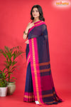 Pondicherry Khadi Cotton, Handloom Saree with Traditional Design in Blue Pink