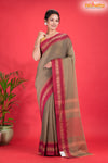 Pondicherry Khadi Cotton, Handloom Saree with Traditional Design in Brown Red