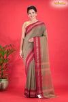 Pondicherry Khadi Cotton, Handloom Saree with Traditional Design in Brown Red